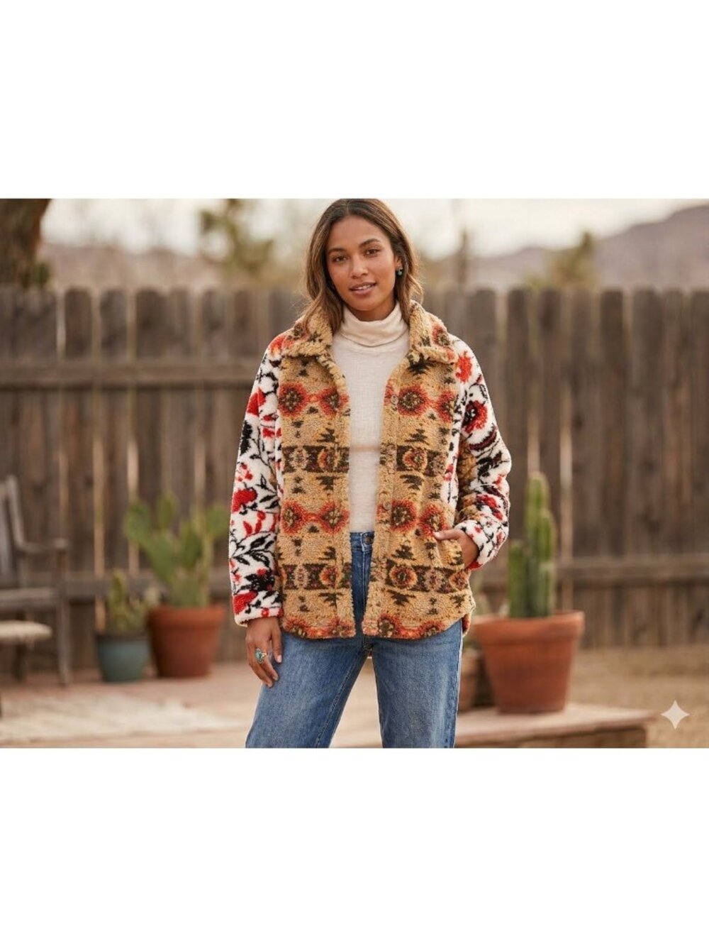 Mystree Southwestern Print Faux Sherpa Shacket Coat - Sz M - New